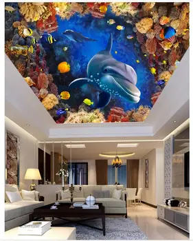 

Custom Photo Wallpaper 3d ceiling murals Underwater World Aquarium Dolphin Ceiling Zenith mural Ceiling Fresco livingroom decor
