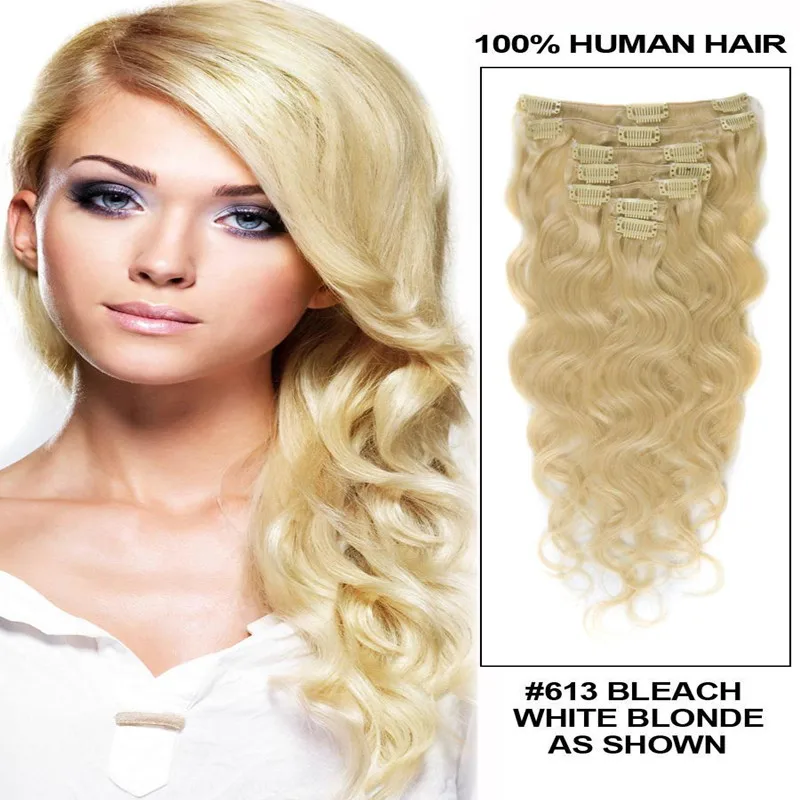 Full Head Remy Clip In Human Hair Extensions 613 Lightest Blonde Body