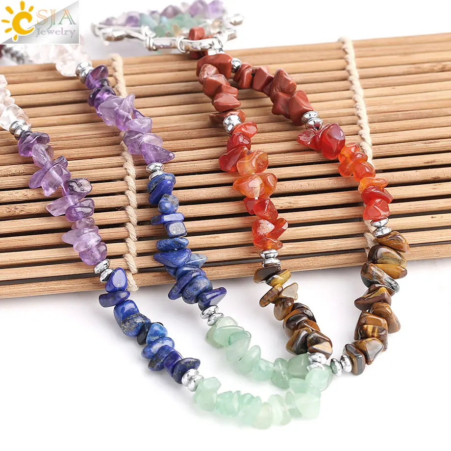 CSJA Healing Yoga 7 Chakras Beads Pendants Long Necklaces Women Natural Stone Chip Statement Necklace Chain Reiki Jewellery S407