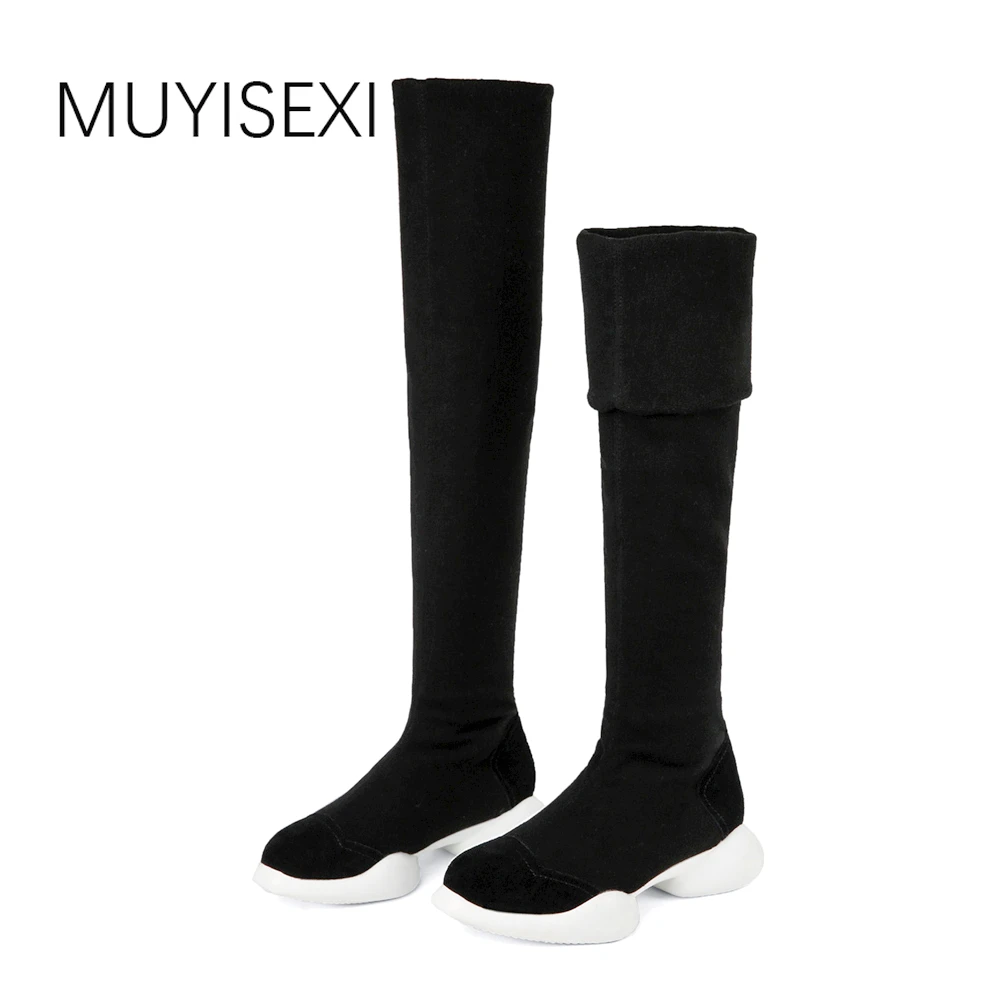 

Over the Knee High Boots Genuine Leather+Stretch Elastic Boots Tube Winter Flat Platform Women Winter Shoes BLQ01 MUYISEXI