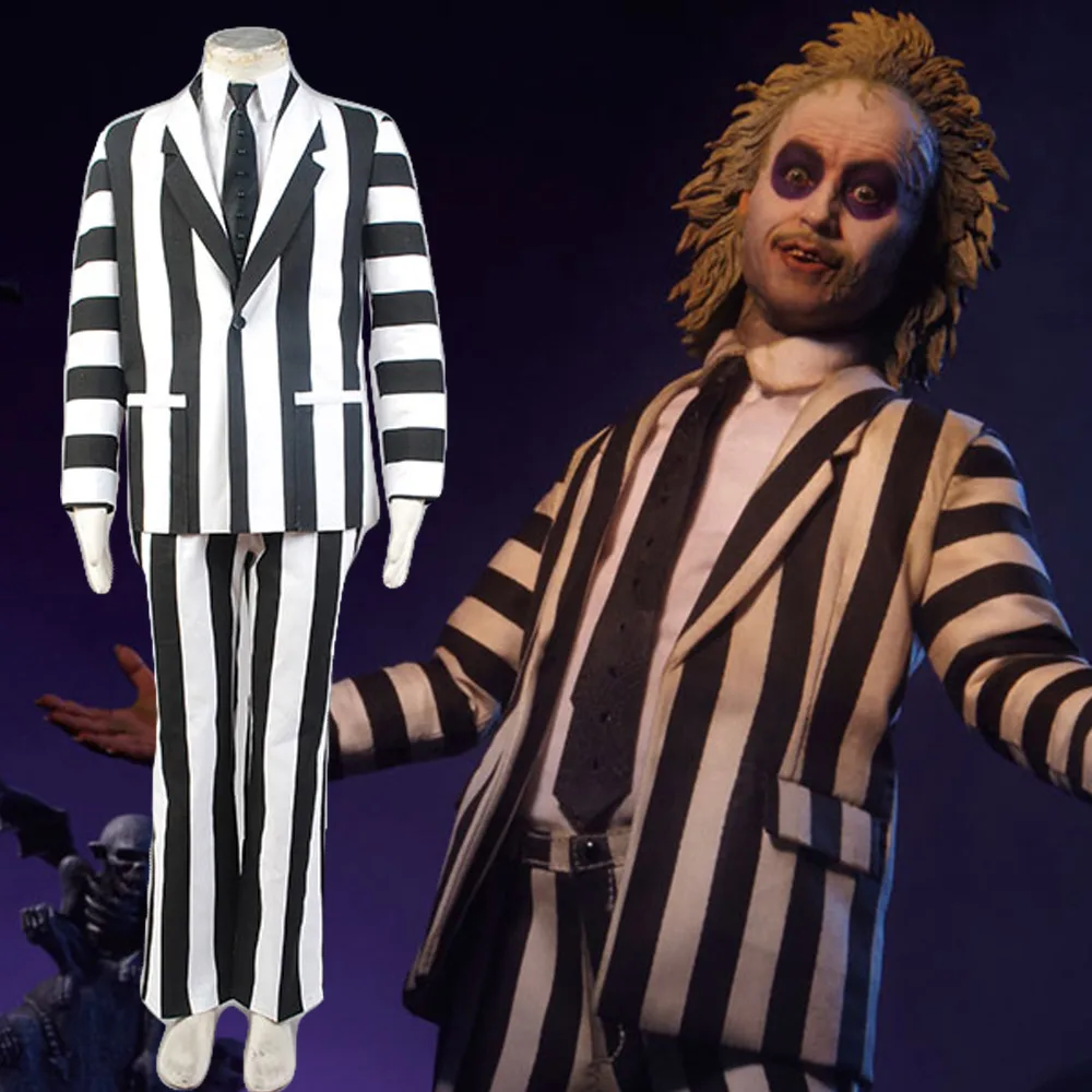 Маскарадный костюм Beetlejuice, белый и черный полный комплект, Униформа, костюм, пальто, костюм на Хэллоуин, карнавал, косплей