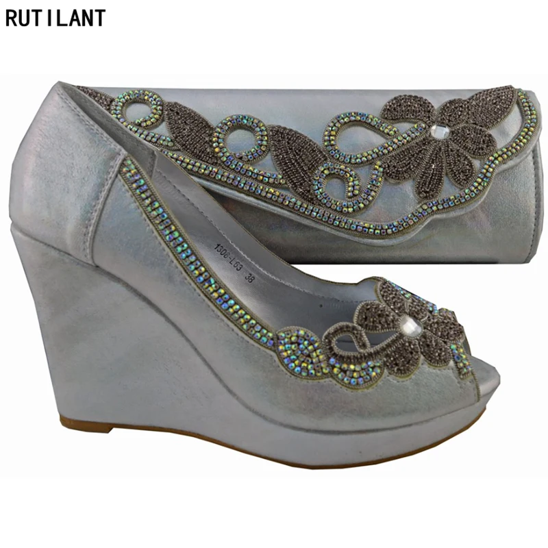 

Sliver Color Ladies Italian Shoes and Bag Set Decorated with Rhinestone Italian Shoes with Matching Bags for Women African Shoes