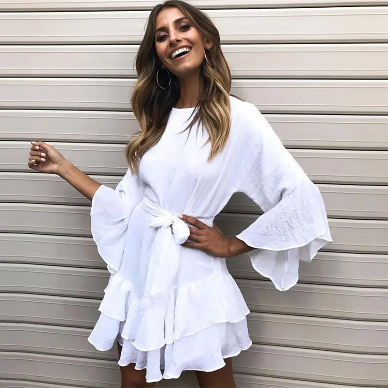 Summer Dress New Women Sweet Pleated Fashion Solid Petal Sleeve Trend O-Neck Three Quarter | Женская одежда