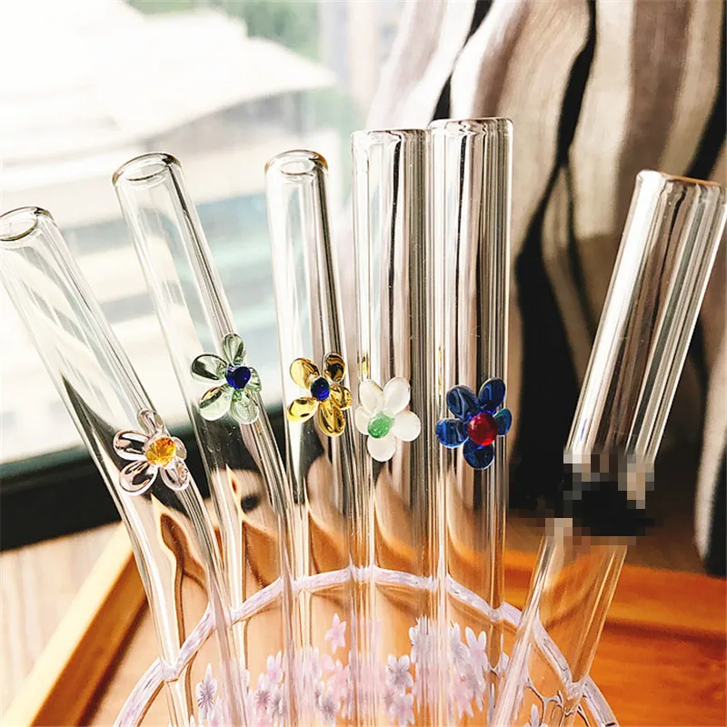 10PCS Creative Flower Straw Glass Reusable Drinking Straws Glass Straw