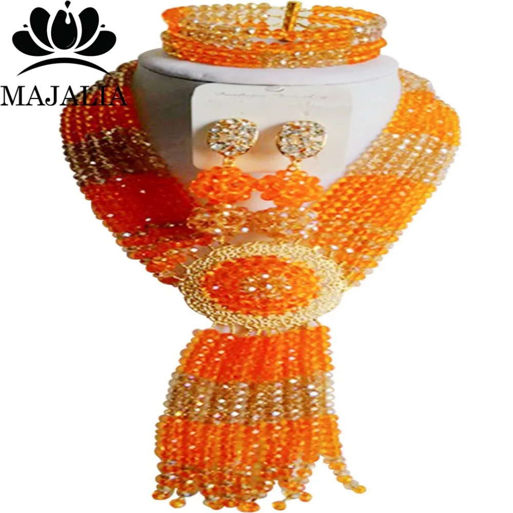 

Trendy Nigeria Wedding african beads jewelry set orange Crystal necklace bracelet earrings Free shipping VV-265