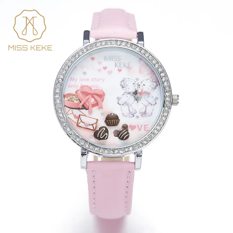 Relojes Mujer Miss Keke 3d глина милый мини мир Стразы Часы Дамы Девушка Прекрасный розовый медведь кварцевые кожаные часы-браслет 905