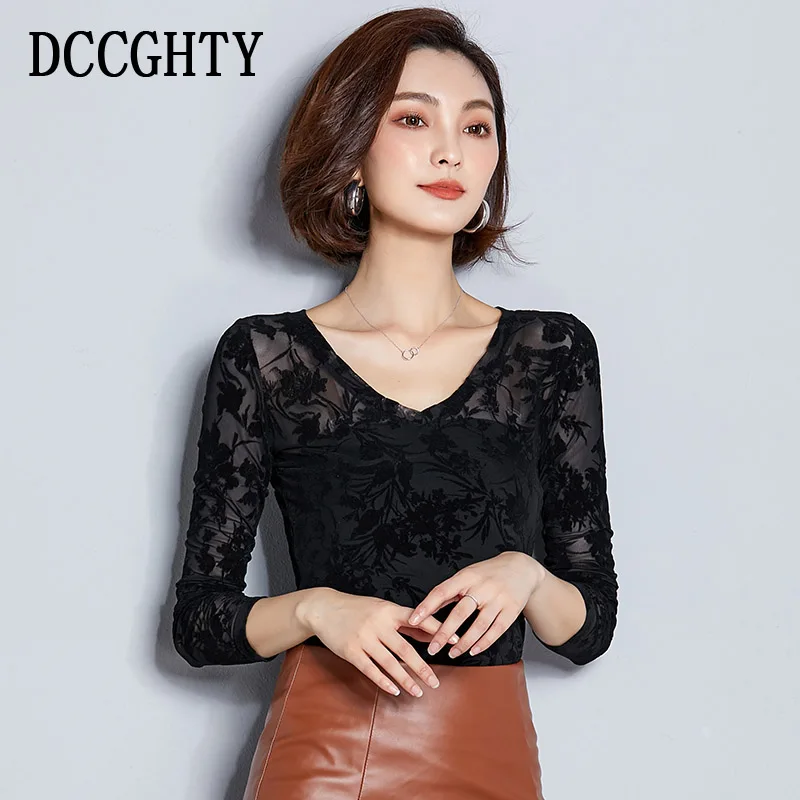 

2019 Spring Vogue Elegant Women Tshirts V-neck Mesh Long Sleeve Black Tops Fashion Women T shirt Slim Tshirt Female Tees 3XL
