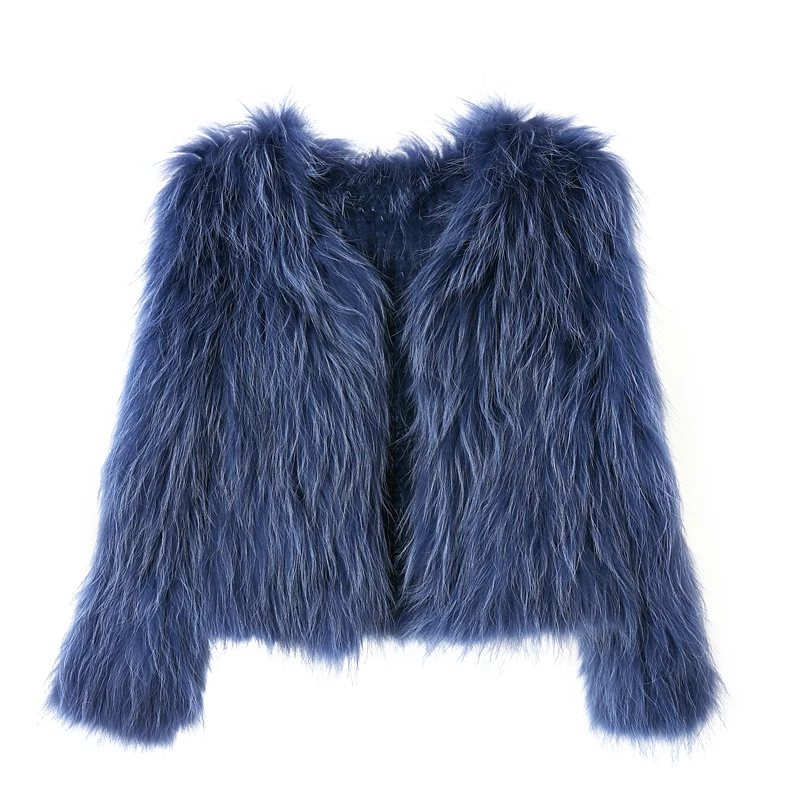 100% Suede High Quality Raccoon Dog Hair Knit Coat Fashion Short Fur Fur Coat Women