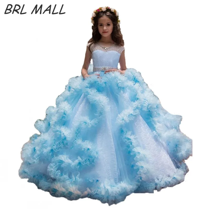 

Cute Ruffle Sky Blue flower girl dresses beaded crystal cap short sleeves girls dresses for party ball gown vestido longo