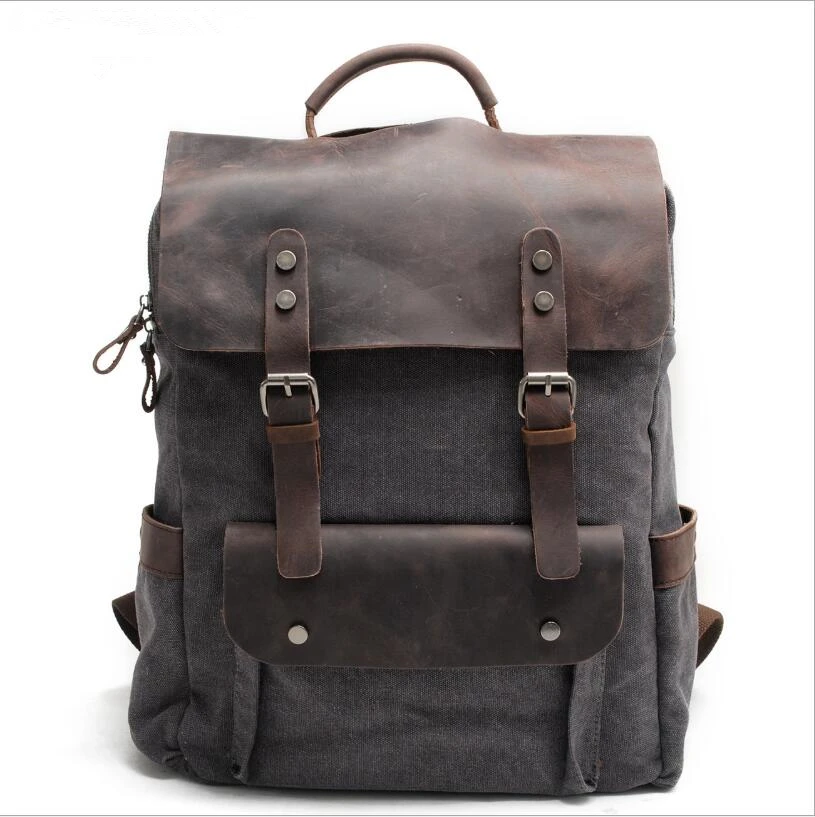 

Simple Fashion vintage backpack neutral college school bag canvas with first layer cow leather knapsack