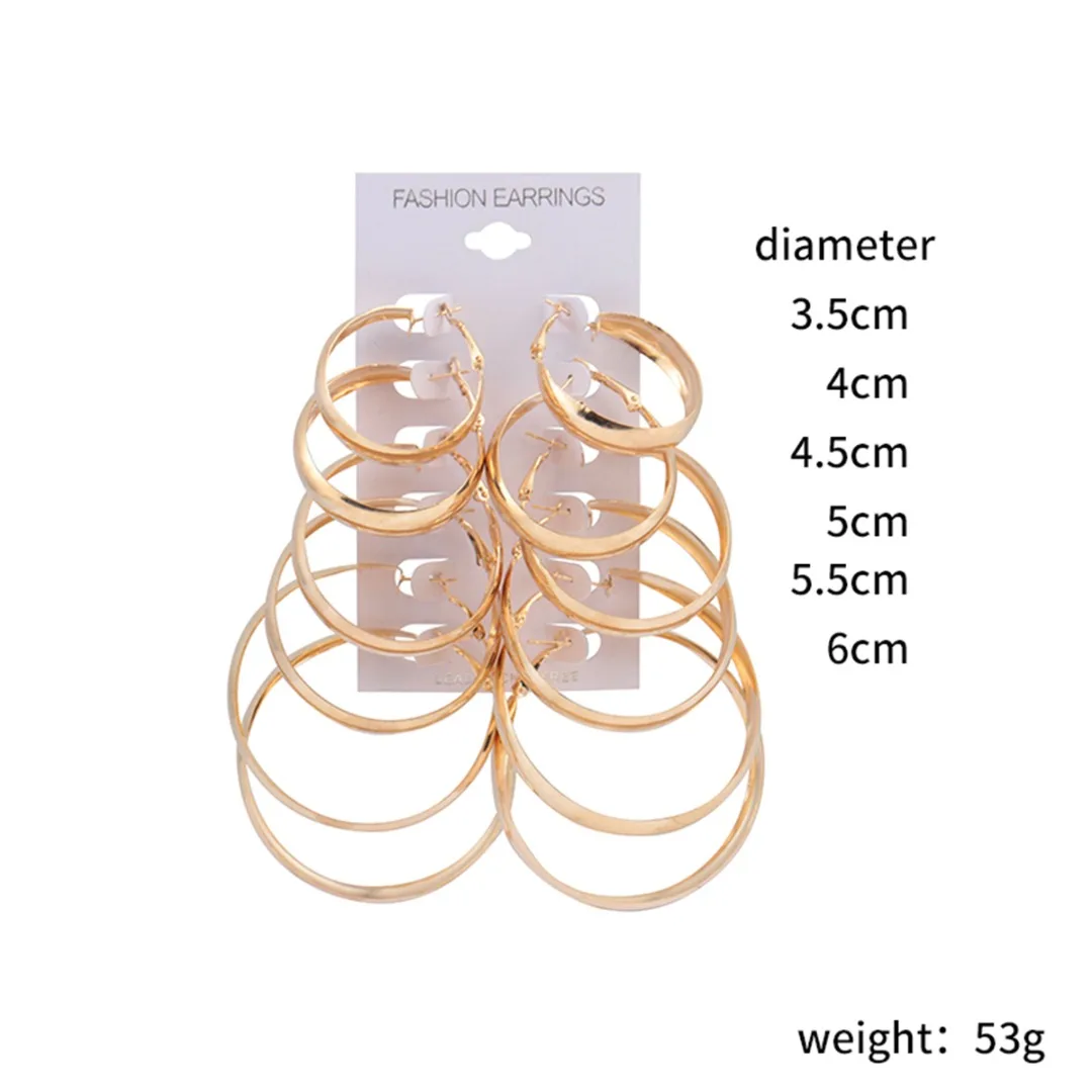 New 6 Pairs/set Vintage Dangle Big Circle Hoop Earrings Gold Silver Women Steampunk Ear Clip Shellhard Punk Ear Set Jewelry