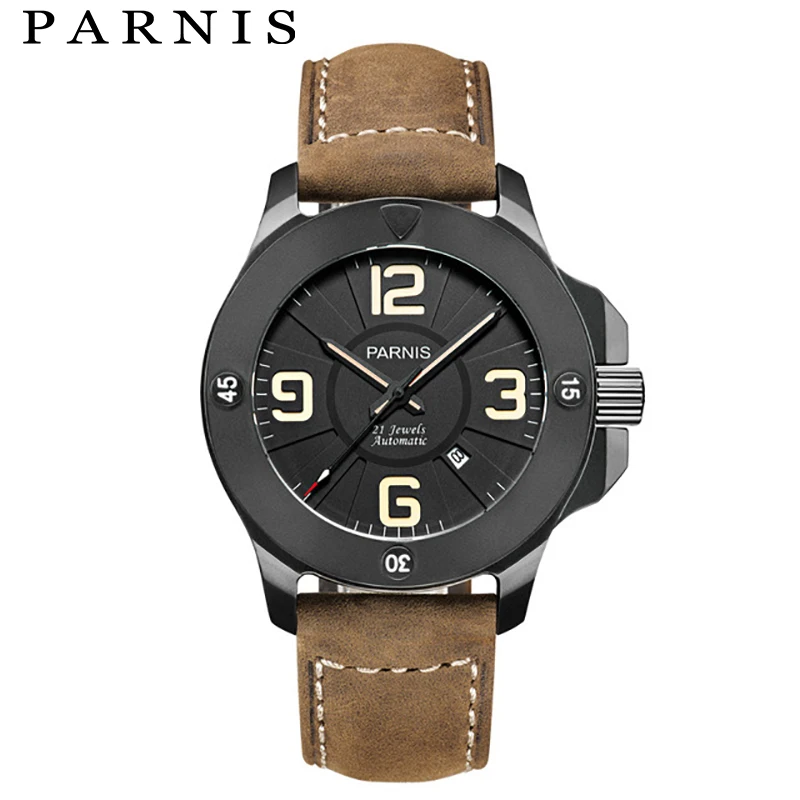 

Men's Watches Mechanical Parnis Watch 47mm Silver/Black/Golden PVD Case Sapphire Crystal Leather Luminous Mens Automatic Watch