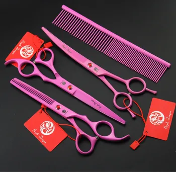 

7 Inch Professional Pet Grooming Scissors Set JP440C Dog Shears Hair Cutting +Curved+ Thinning Scissors With Comb Bag