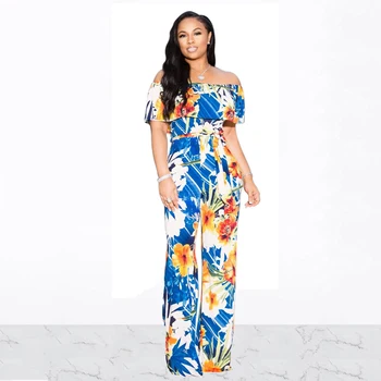 

Women Sexy Slash Neck Ruffles Off Shoulder Casual Loose Jumpsuits Elegant Floral Print Wide Leg Rompers With Sashes Overalls