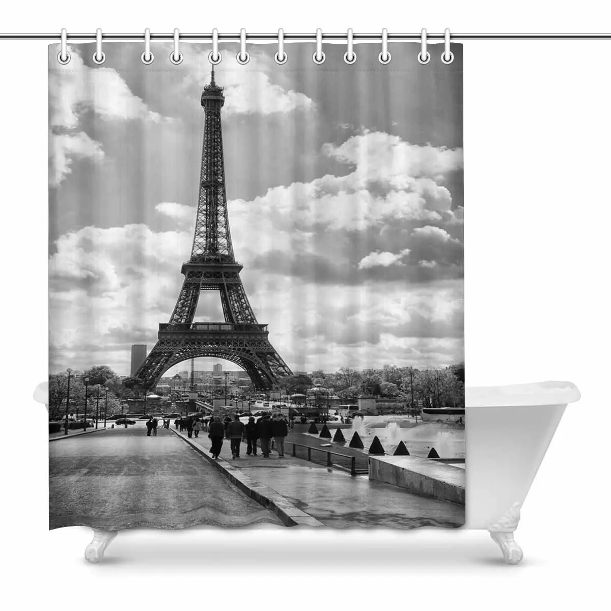 Aplysia Paris Eiffel Tower Polyester Fabric Bathroom Shower Curtain Set with Hooks 60 x 72
