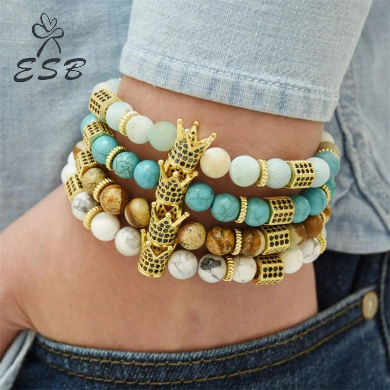 

ESB Fashion 2018 Boho Men Bracelet Jewelry Gold Color Agates Stone Beaded Bohemia Charm Bracelets Bangles For Women Gift B0100