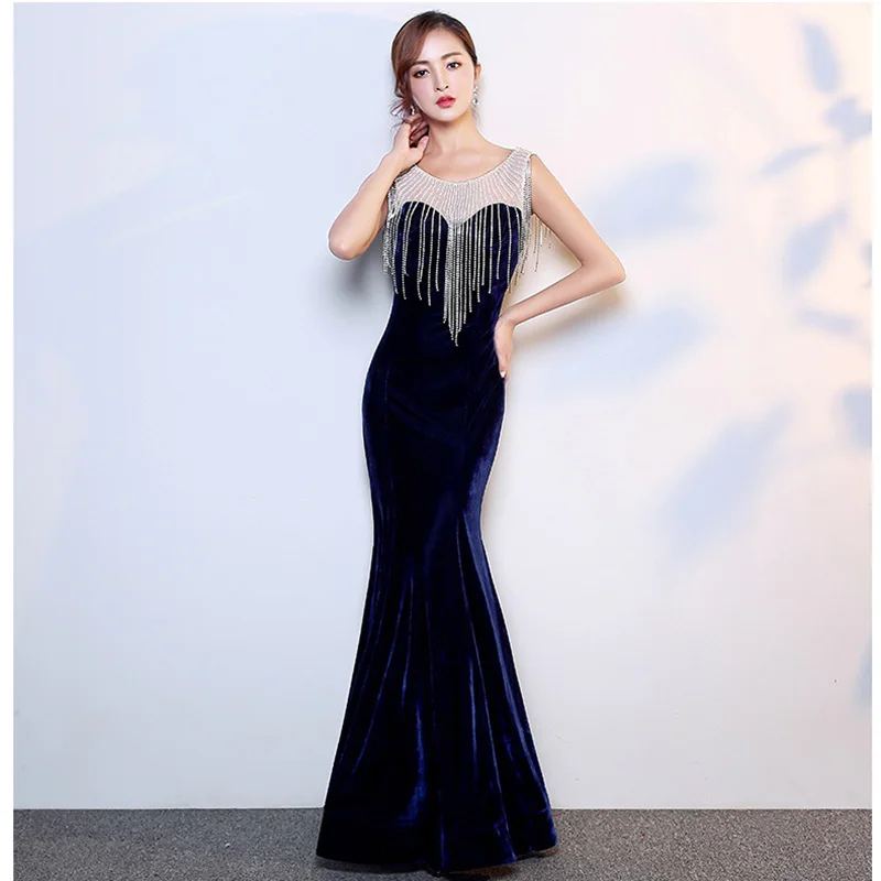 

Blue Velvet Diamond Tassel Tank Sleeveless High Quality Luxury Womens Dresses New Arrival 2018 Party Dress Elegant Sexy Clubwear