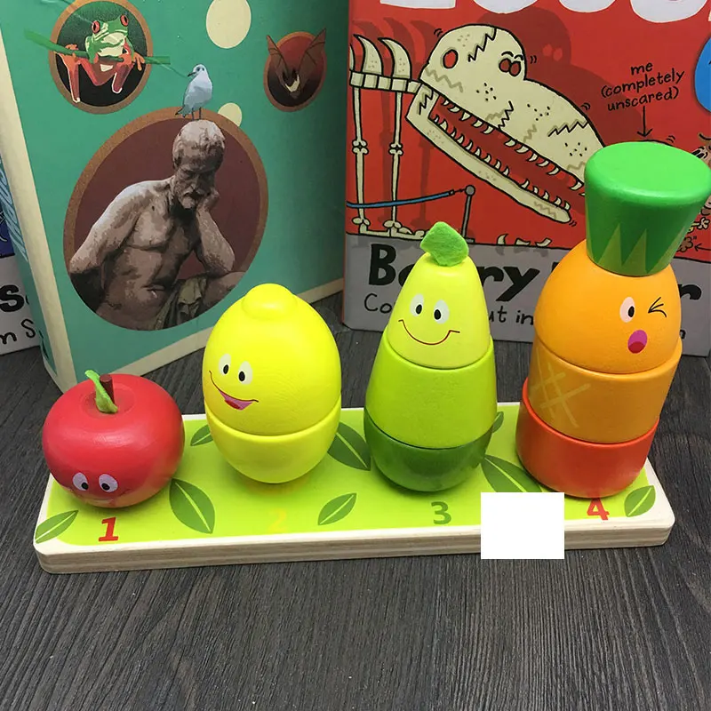 JaheerToy деревянные игрушки для детей Монтессори обучающая игрушка животные и фрукты 2-3-4 года для детей колонна - Цвет: Fruits