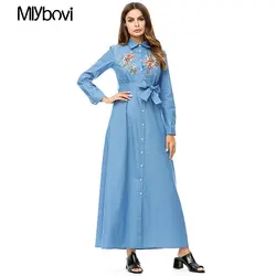 Для женщин платье с вышивкой Повседневное Длинные линии платье модные осень-зима дамы 2018 марокканский Макси-платья с длинным рукавом