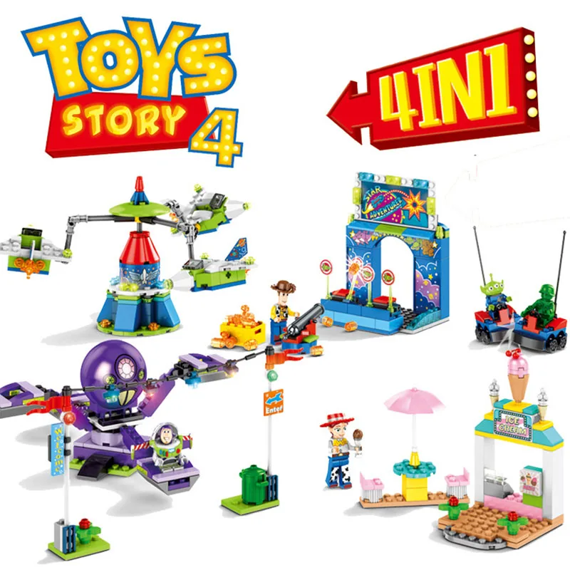 Comprar 4 Uds juguete historia 4 Parque de Atracciones bloque Woody Buzz Lightyear ladrillos de construcción juguetes de los niños sin caja