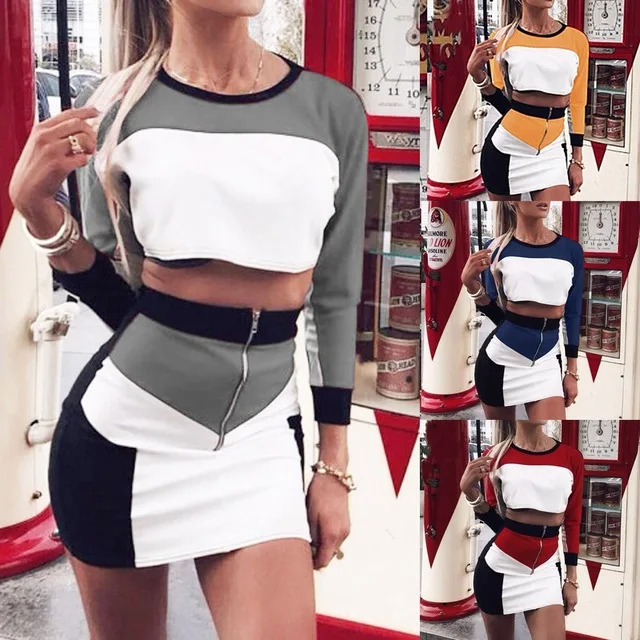 

2 Piece Sexy Summer Set Women Tracksuit Sweatshirt Skirt Sets Sport Long Sleeve Wear Casual Suits crop top and short Dress