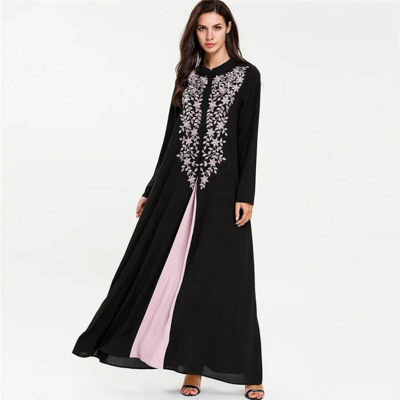 Для женщин Мода для мусульманского праздника Рамадан халаты искусственного 2 шт. комплект Chic Вышивка Для женщин длинное платье арабских