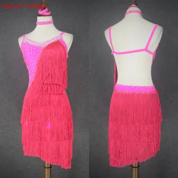 

Girls latin dance performance clothes spandex stones tassel latin dance dress for women latin dance tassel dress 120-180cm