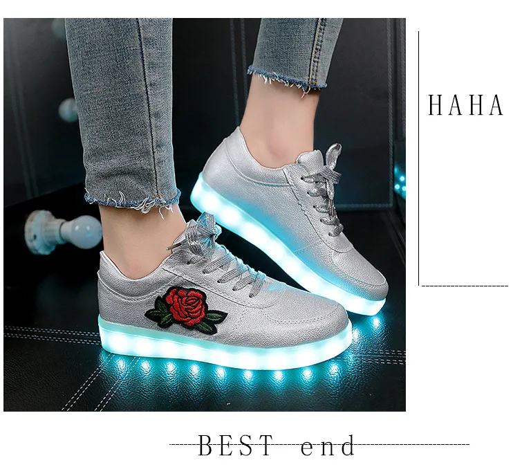KRIATIV/светящаяся детская обувь; Светящиеся кроссовки для девочек; светящаяся обувь для мальчиков; Светящиеся кроссовки с цветочным принтом; обувь с подсветкой из искусственной кожи - Цвет: Matte silver