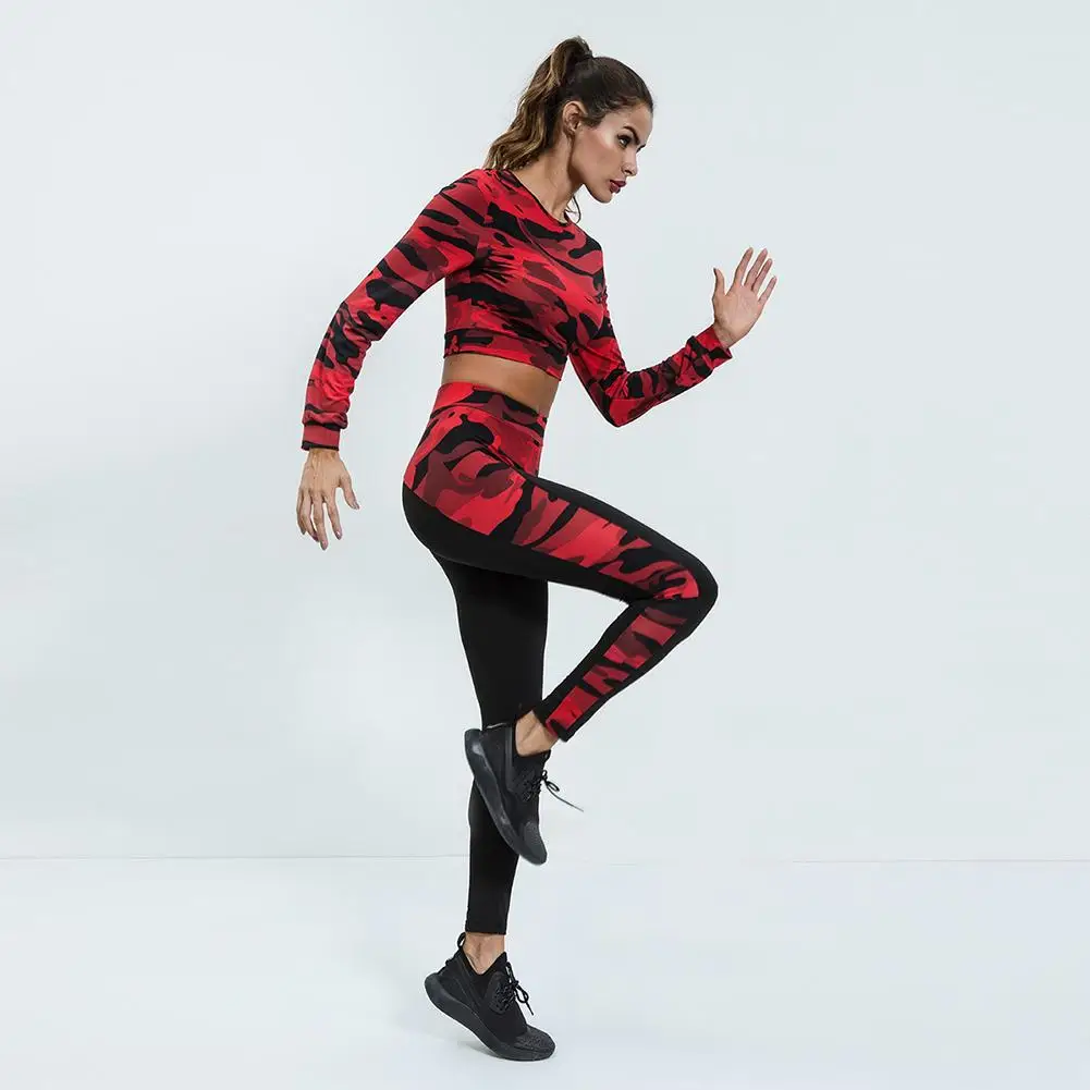 

New Sport Suit Print Fitness Suit Leggings Yoga Set Two-piece Zipper Sportswear T-shirt+Sport Pants 2018 Tracksuit For Women