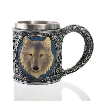 

Retro Style 3D Wolf King Pattern Coffee Mugs,Resin Stainless Steel Wolf Cups Drinking Tea Beer Mug Animal Milk Mug teacup