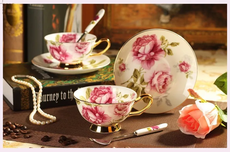 Европейский стиль Ross чашки цветок позолота Coaster Demitasse коврик для чашки с чаем керамическая кофейная чашка и блюдце набор фарфоровая посуда для напитков кружка