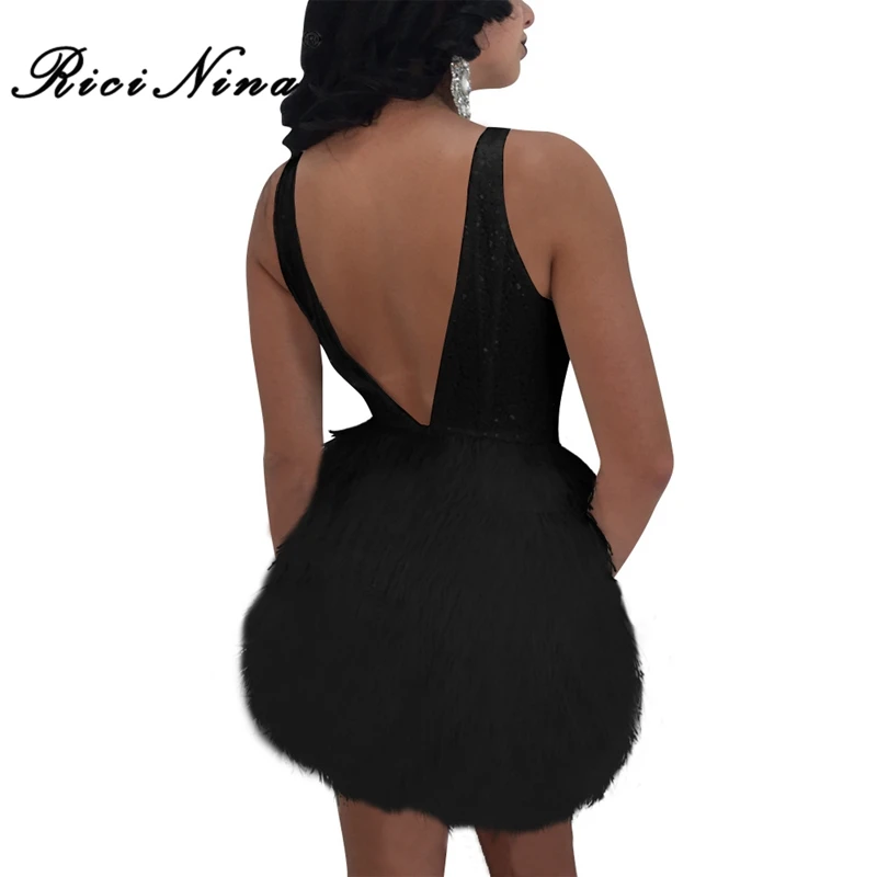 RICININA 2019 Woman Dress Ladies Deep V-neck Backless Spaghetti Strap Feathers Bodycon Mini Dresses Women Sexy Party Beach Dress