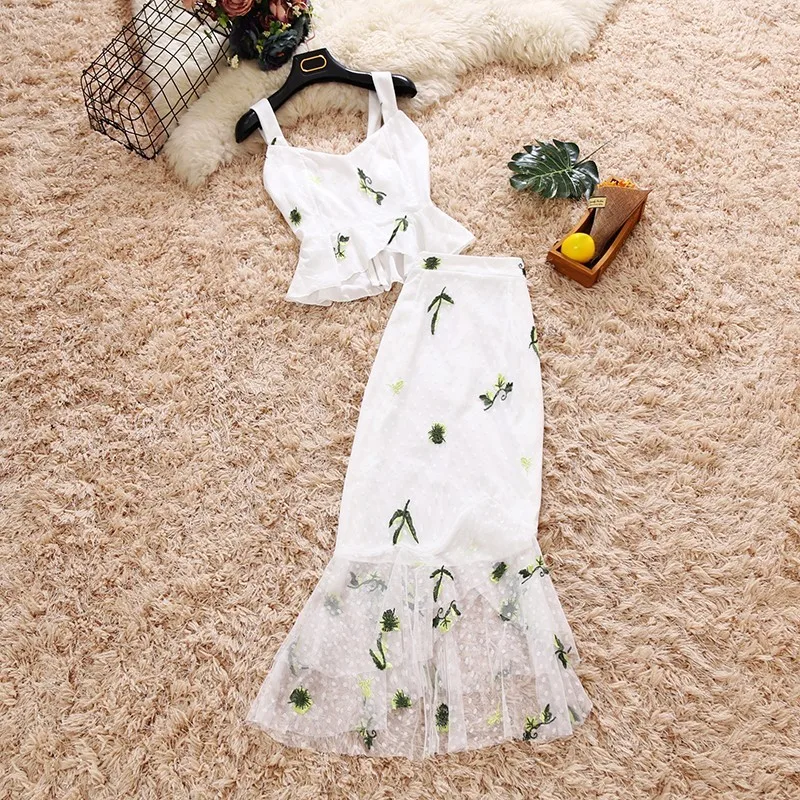 

HISUMA summer new female sets women's V-neck embroidery chiffon shirt + High Waist stitching mesh Fishtail skirt suits women set