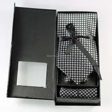 Yibei Coachella Галстуки Для мужчин галстук комплект черный с серебряной пятна точек галстук+ запонки+ платок с соответствующими подарок коробка