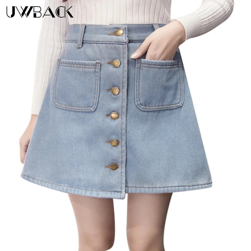 

Uwback Women Denim Skirt Buttons Mini Skirt Jeans Female 2018 New Summer Women High Waist Skirt A-Line Pockets Casual Wear EB150