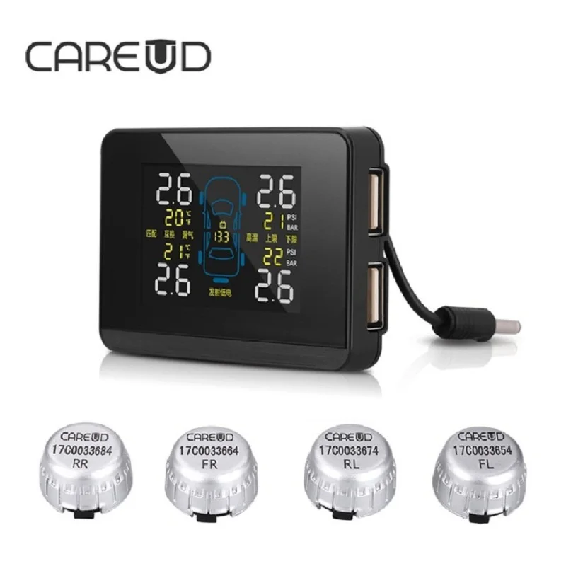 

CAREUD U906C 2 USB Ports for Phone Charge Car Wireless TPMS Tire Pressure Monitor System+4 External Replaceable Battery Sensors
