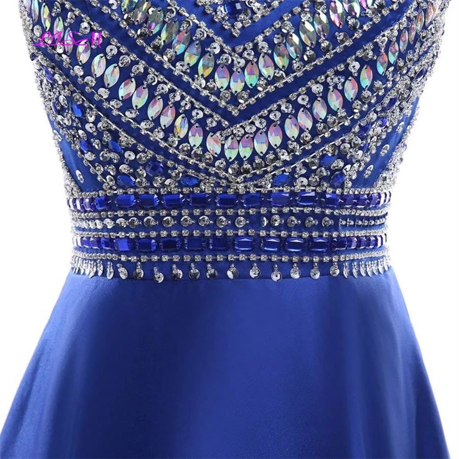 Королевские синие платья на выпускной с кристаллами ТРАПЕЦИЕВИДНОЕ вечернее платье без рукавов с карманами с круглым вырезом с бисером атласные длинные вечерние платья