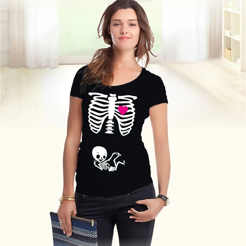 

2018 New Design Xray Skeleton Print short-sleeve Maternity Shirt Printed maternity European size plus size XXL Free shipping