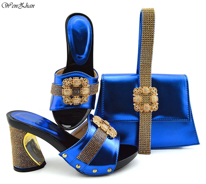 Новейший Королевский синий комплект из обуви и сумки в африканском стиле для вечерние высокое качество итальянский Обувь на высоких каблуках и сумочки в тон, Для женщин! 9 см B94-5