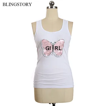 

BLINGSTORY Women Cotton Tee Sleeveless Plus Size 5XL Reversible Sequin Butterfly TShirts