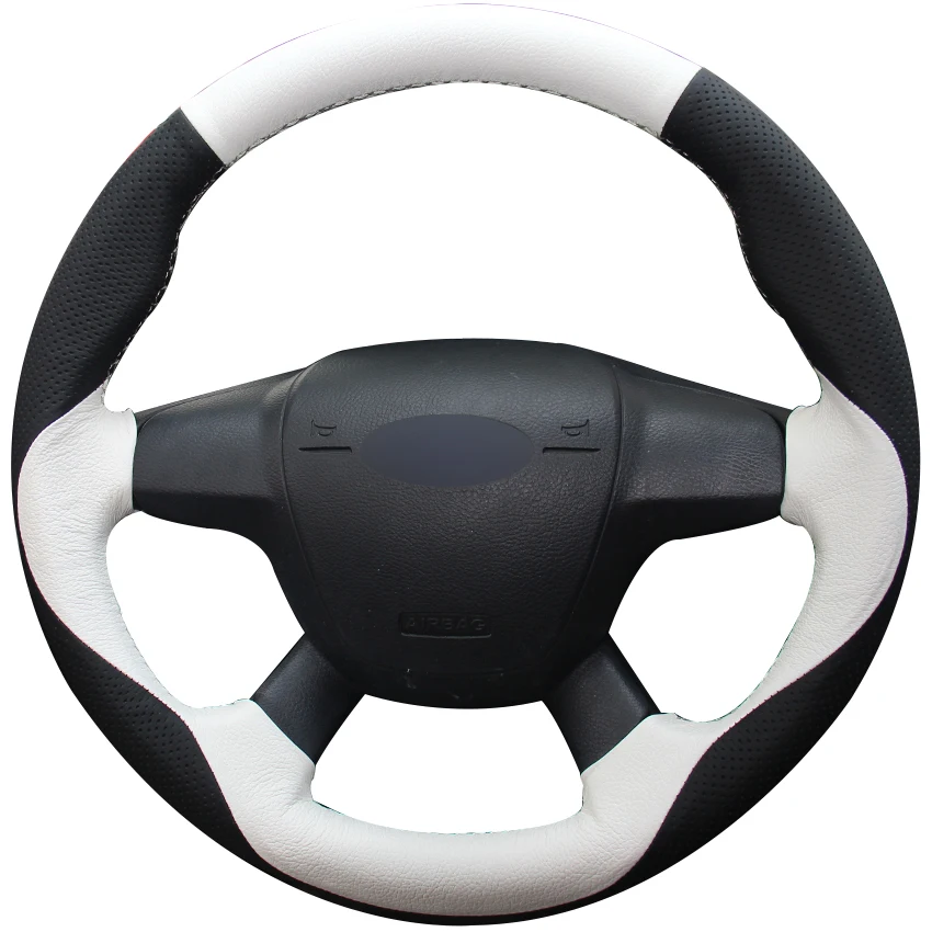 Black Natural Leather White Natural Leather Car Steering Wheel Cover