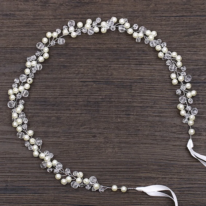 

Handmade Elegant Simple Pearl Wedding Headbands Ribbon Beaded Women Hair Band Bridal Hairpiece For Bride Hair Accessories