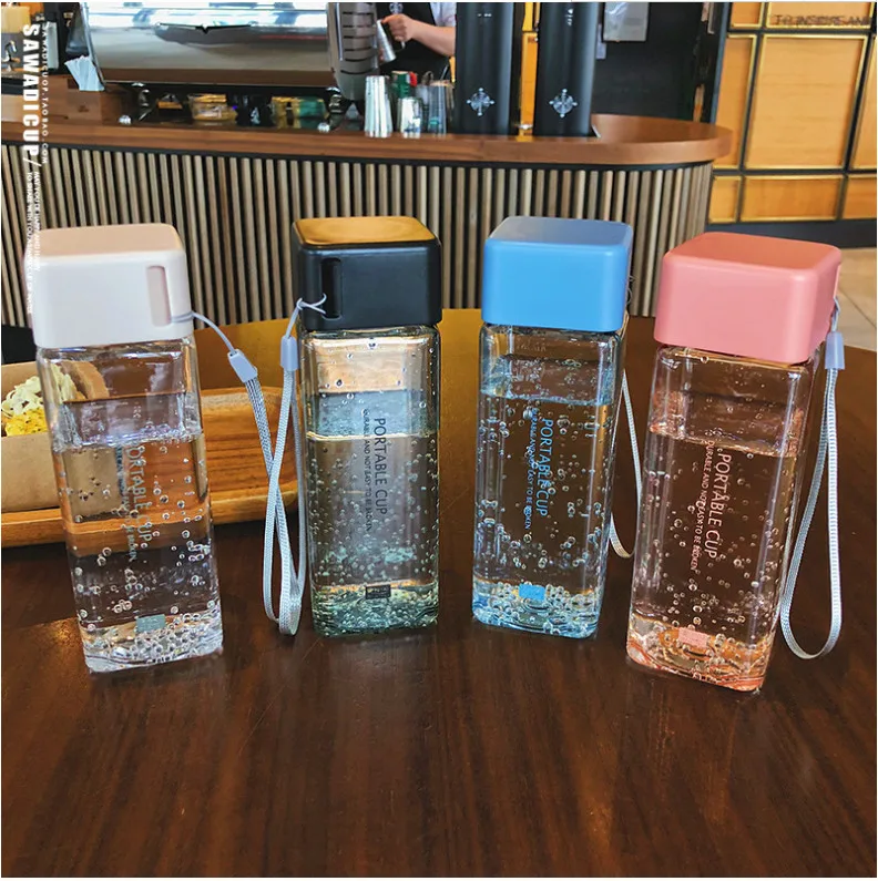 300ml Small Square Plastic Water Cup with Lid Portable Female Student Summer Hand Cup Leakproof Simple Transparent Bottles