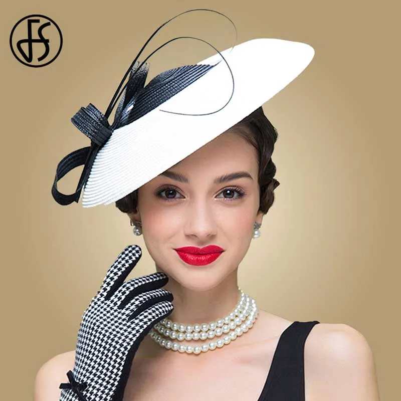 FS Fascinators черный и белый свадьбы шляпа-таблетка для Для женщин соломенная Федора Винтаж дамы церковные платья Sinamay котелки