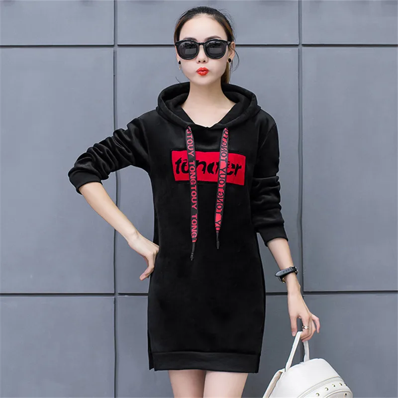 

2018 Autumn Winter New Korean Plus Velvet Thicken Hooded Jacket Gold Velvet Long Section Slim Sweatershirts Women's dress A1309