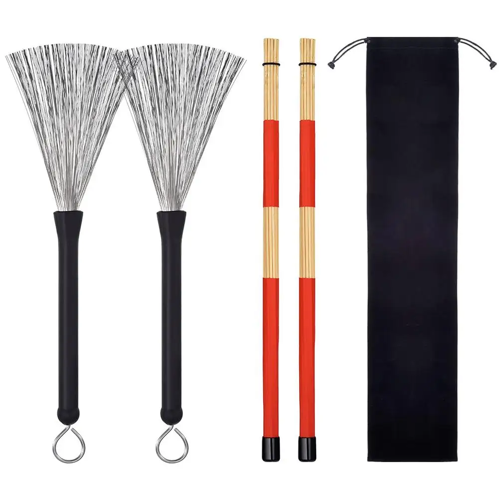 Black Red Jazz Drum Bamboo Sticks Drawstring Bag Drum Wire Brushes Set