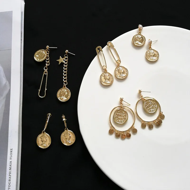 

vintage Geometric Round Coin Queen Hard Portrait Pin Star Drop Earrings For Women Fashion Funny Long Tassel Earring Jewelry Gift