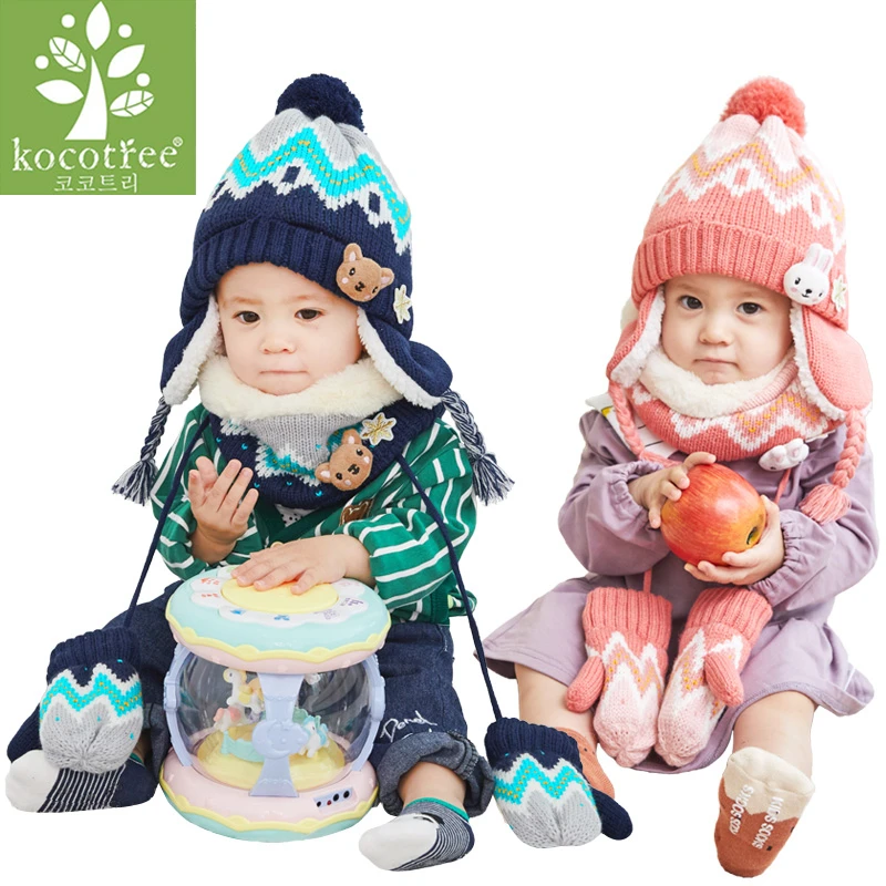 Skup Unisex dziecko czapki zestaw czepków dzieci Cartoon wzór ze zwierzętami pasek dzianiny dodaj aksamitny kapelusz i szalik ciepły zimowy garnitur zestaw dziewczyny rękawiczki