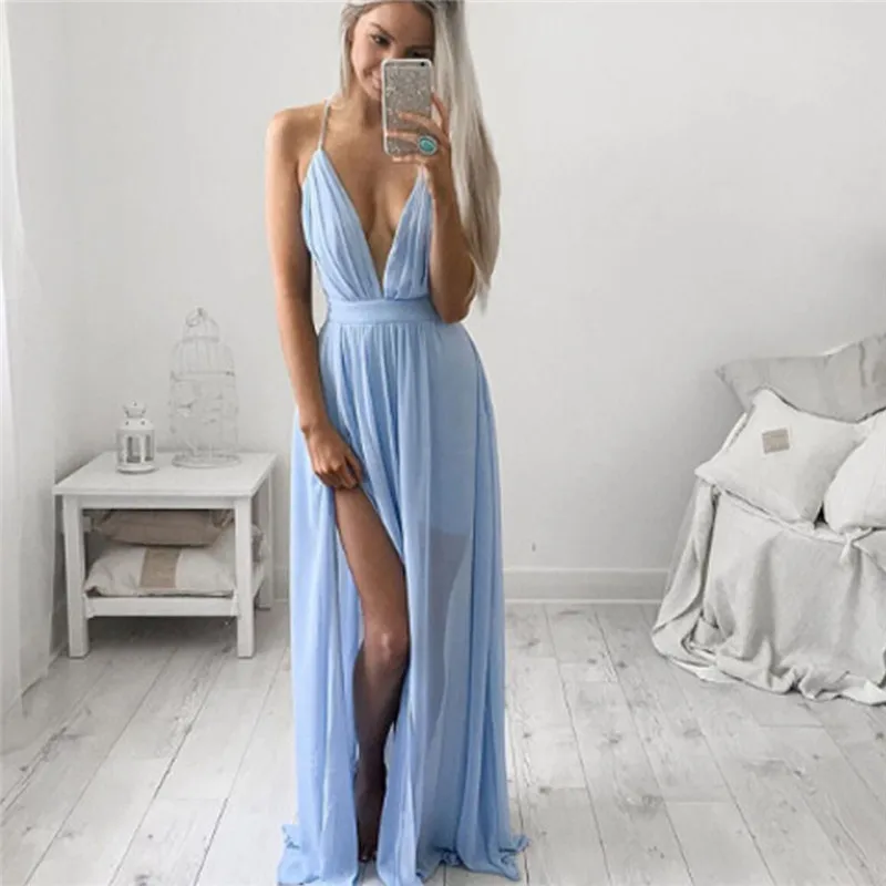 

2019 New Sexy Women Girls Summer Chiffon Sleeveless Boho Long Maxi Dress Sleeveless Spaghetti Strap Party Beach Dress Blue