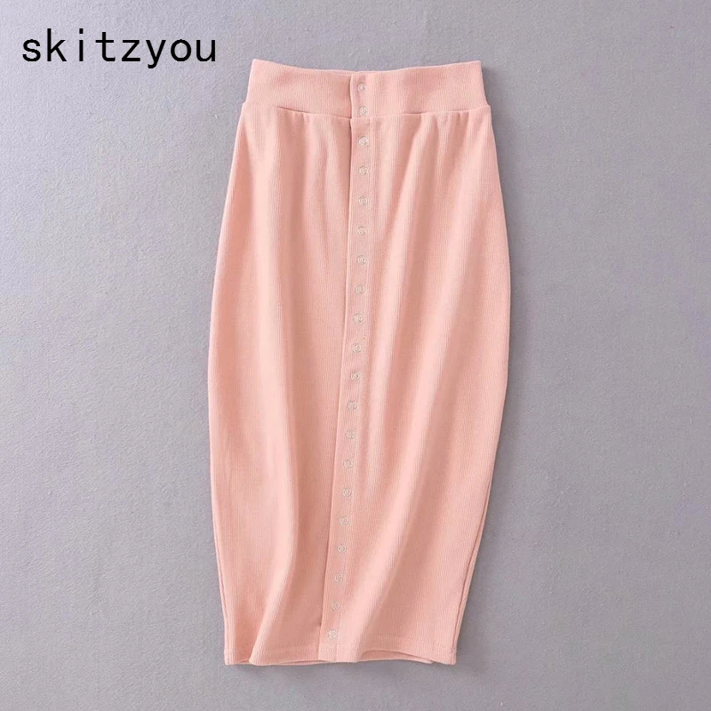 

skitzyou High Waist Summer Bodycon Elastic Sheath Skirt Women Fashion Button Front Cotton Elastic White Pink Knee Length Skirts